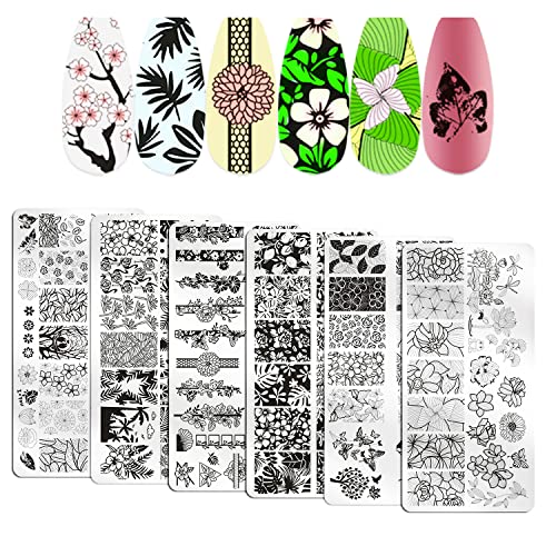 Wookoto 6pcs Цветните плочки за печат на ноктите за нокти измешана големина слика пролетна лето цвеќиња Остава шаблони за нокти за нокти