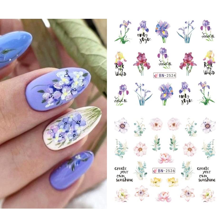 Цветни налепници за уметност на ноктите декорации за трансфер на вода за нокти за уметност, пролетни летни лалиња, цветни лисја од