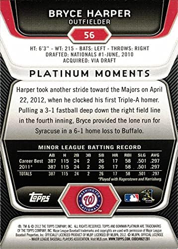 2012 Bowman Platinum Baseball 56 Bryce Harper Rookie Card