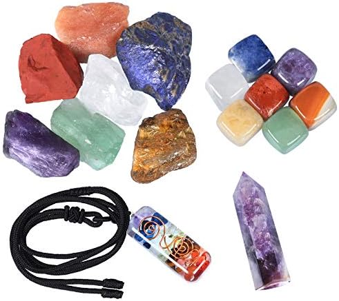 Колекција на стартер на терапија со карпа, аметист кристално стапче, 7 сурови камења, разгалени полирани камења, ѓердан од приврзоци