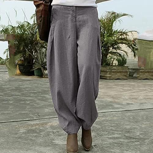 Памучни постелнини со постелнина од мемија, женски обични модни лабави лабави вклопени панталони предни копче со висока половината еластични