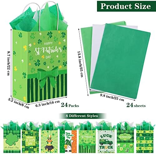 Миминд 24 Спакувајте Торби За Подароци За Денот На Свети Патрик со 24 Листови Марамче Хартија Ирска Зелена Детелина Гуди Третирајте