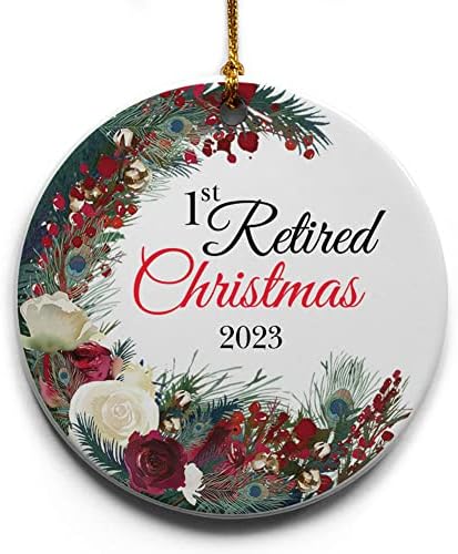 1-ви пензиониран божиќен венец Керамички украс за елка, колекционерски празник, 2,875 Тркалезен украс во декоративна кутија за подароци со подароци