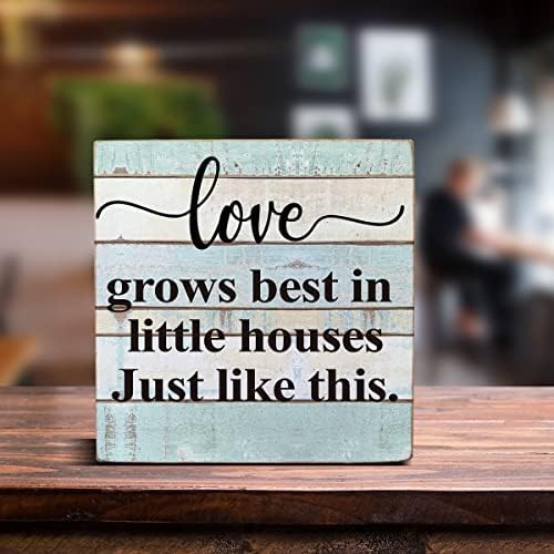 Loveубовта расте најдобро во мали куќи исто како и оваа дрвена кутија знак за декор, loveубовен цитат од дрво кутија знак за декорација