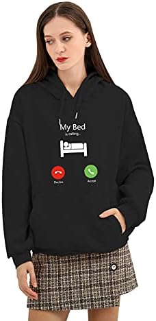 Keevici симпатична худи за жени мојот кревет повикува печати естејски џемпер памук пад на рамо термички пулвер со џеб