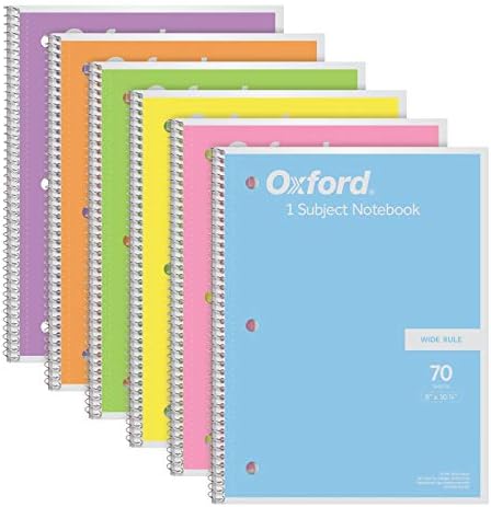 Оксфорд Спирална тетратка 6 пакет, 1 предмет, широка управувана хартија, 8 x 10-1/2 инчи, пастелно розова, портокалова, жолта, зелена, сина и