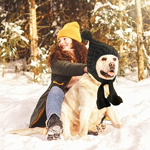 Зимска капа и шамија на кучиња Јуепет, топло руно, наредено капаче за кучиња со плетена шамија, куче пом пом капа погодна за екстра големи кучиња над 80 фунти - црна