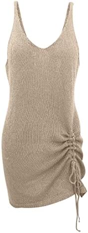 Lcиво женски без ракави ленти фустан Истрејни обични мини фустани плетени тенок V врат -фустан со каросерија со влечење
