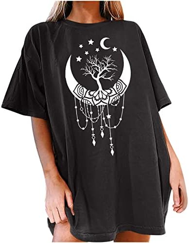 Sunенски краток ракав Сонцето и месечината печати преголема маица со маица Врвна капна капка рамо лабава блуза