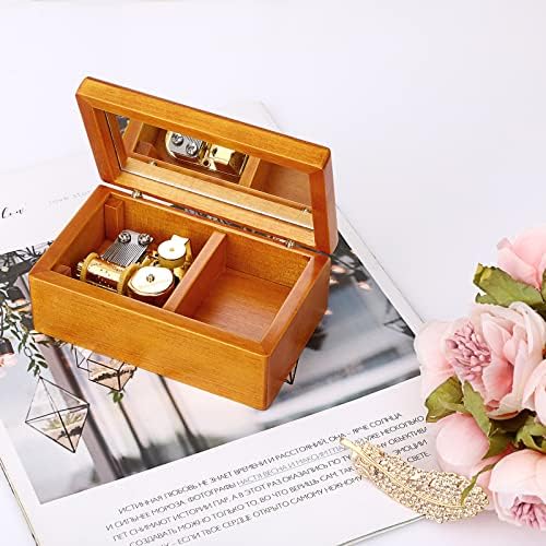 Елдо гроздобер музичка кутија, дрвена кутија за музички накит со огледало, мала кутија за ситници романтичен подарок за девојки жени