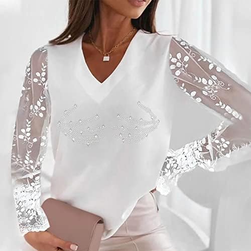 Beuu женски случајни спојки плус големина маички блузи V вратот печати пулвер врвови чипка со долги ракави Тунични маици лабаво лабаво