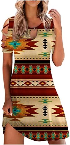 Женски пулвер фустан шуплив краток ракав ретро етнички печатен о-врат удобно лето случајно плус големина лабава фустан