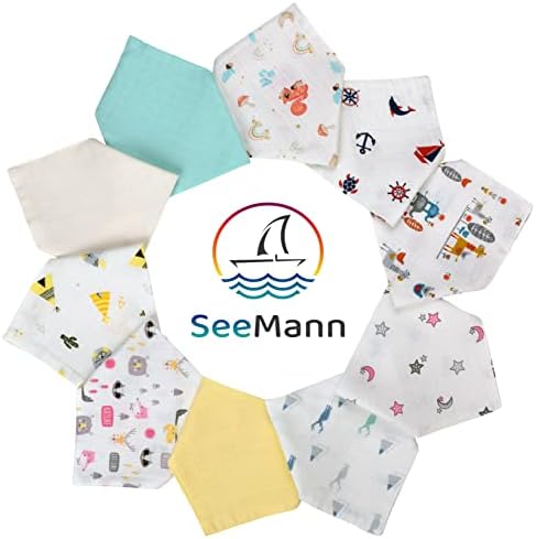 Seemann 10 -пакувања Муслин Бибс - турски памучни бандана бибс - 10 унисекс бои бебешки битки за лигање и заби
