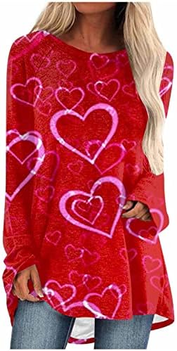 Туника за женски кошули Симпатична срцева печатена вратоврска боја со долги ракави врвови со лежерна торбичка за туника на маица за носење