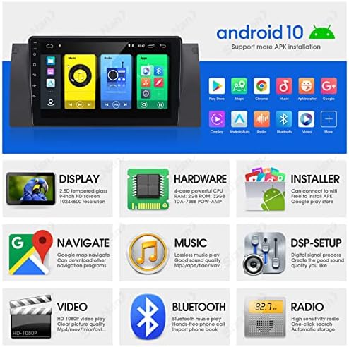Sizxnanv За E39 Android 10 Екран На Допир Компатибилен Со Carplay Android Auto, Автомобил Радио Стерео Bluetooth Навигациски Медиа Плеер GPS WiFi FM AM Задна Камера Главна Единица ЗА Bmw E39 5 Серија
