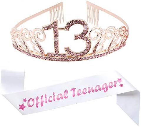 13 -ти роденден Пинк Тиара и Саш, сјајниот сатен „Официјален тинејџер“ Саш и Кристал Ринестон Роденденска круна за среќни 13 -ти роденденски