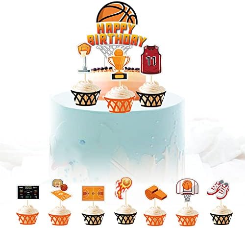 12 ПАРЧИЊА Кошаркарска Торта Топер Кошарка Украси За Роденденски Забави Комплет За Украсување Торта Спортска Торта Капа За Кошарка Декорација За
