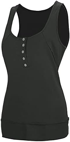 Женски резервоар врвови маици предни копчиња со цврста боја лето лажичка вратот без ракави, врвни резервоари за тркачи, ками блуза