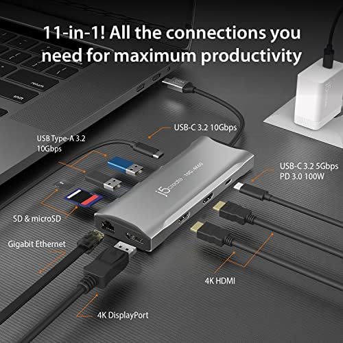 j5create USB C 4K Triple Display Hub-4K HDMI x2, 4K DP, 2 USB-a и USB-C 10Gbps, PD 100W, Ethernet, Sd 4.0 Читач На Картички | ЗА XPS, Површина Про