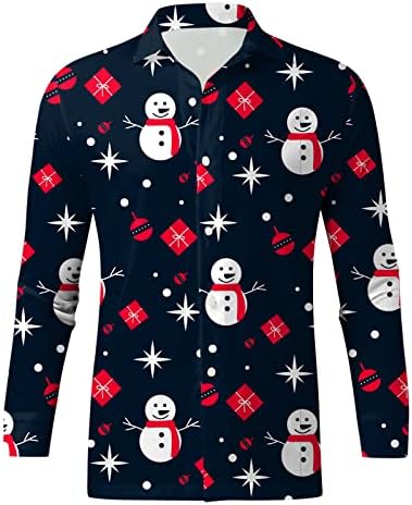 XXBR Божиќно копче надолу со кошули за мажи со долг ракав смешен Божиќ Снежен човек печатење на куќички за куќички за забави за забава со