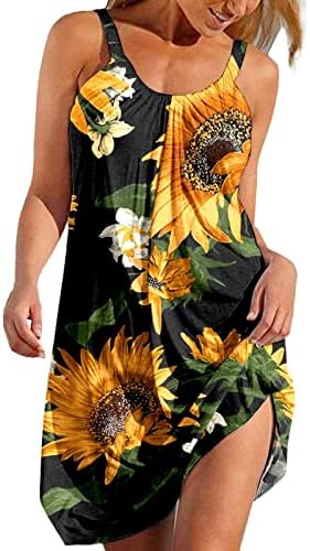 Fragarn Ruched фустан за жени, дами бохо летен фустан секси печатење без ракави, хавајски случајно лабава удобна мини