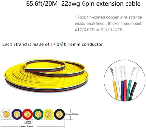 65.6ft 6pin продолжено кабел 20m 22awg 6-боја на линијата за продолжување на кабелот за 12/24V 5050 3528 RGBWW LED светлосни шипки и