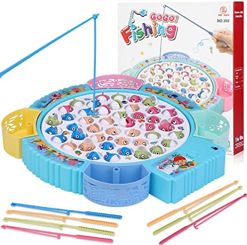 Играчки за играчки магнетски риболов, ротирачка игра со музика, вклучувајќи 45 риби и 8 риболов столбови, играчки за забави за деца