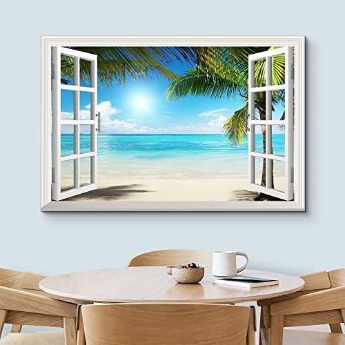 Wall26 платно печатење wallиден уметнички поглед на прозорецот Пејзаж на зелена палма плажа природа во дивина фотографија модерна