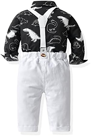 Junneng бебе бебе дете момче диносаурус облеки костуми господин облеки комплети, кошула за фустани за фустани+суспендирани панталони фустани