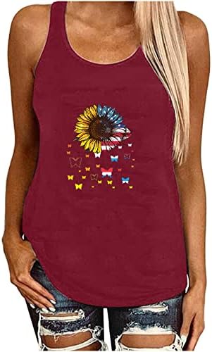 Ден на знамето на резервоарот за жени, женско американско знаме на 4 јули 4 -ти резервоарот Топ лето сончоглед печати блуза без ракави графички