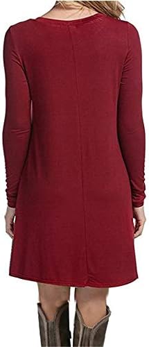 Angенски џебови со долги ракави на женски, обични замав маици фустани цврсти бои едноставен лабав фустан