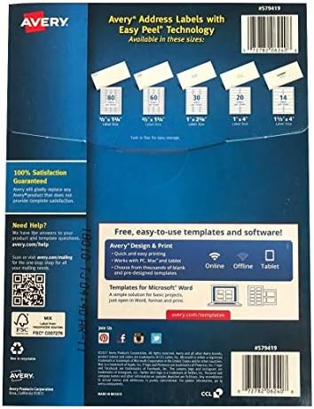 Ејвори Лесна кора бела етикети за адреси за ласерски печатачи 6240, 1 x 2-5/8, кутија од 4200