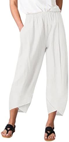 Panенски памучни постелнини панталони Обични панталони за влечење лабава еластична половината плажа со џебови со џебови дами