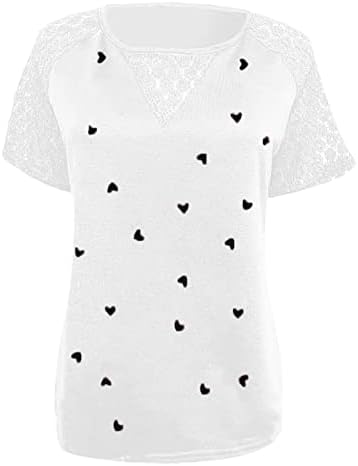 Дами пердуви крпеница блуза срце графички врвови кошули кратки ракави екипаж чипка спандекс бренд блуза 4p