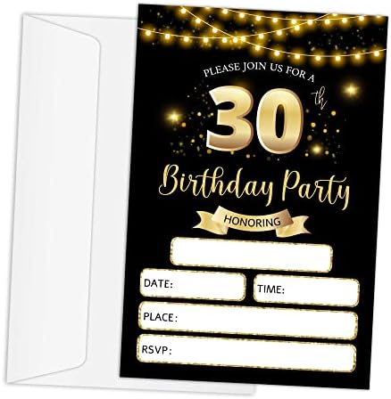 RLCNOT 30 -ти роденденски покани картички со коверти Сет од 20 - Класични покани за роденден на црно злато за тинејџери, возрасни, маж, жена,