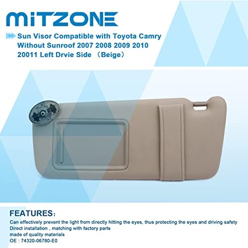 Mitzone Sun visor компатибилен со Toyota Camry без сон 2007 2007 2008 2009 2010 2011 лево од страна на Drvie （беж）