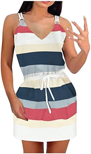 Hosенски женски обичен блок во боја, мини фустан, лето V вратот без ракави, ленти со шпагети, спојувајќи прашка мини фустани со појас