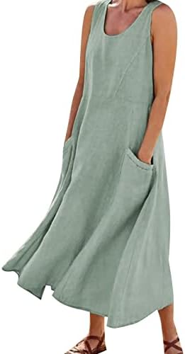 Ckxzui макси фустани за жени летен памук ленен резервоар фустан без ракави екипаж вратот плус големина сандерс долг фустан со џебови