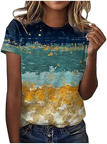 Симпатични летни врвови за жени гроздобер графички блуза кратки ракави манкети пејзаж цветни печати о-врат-необични лабави тунични