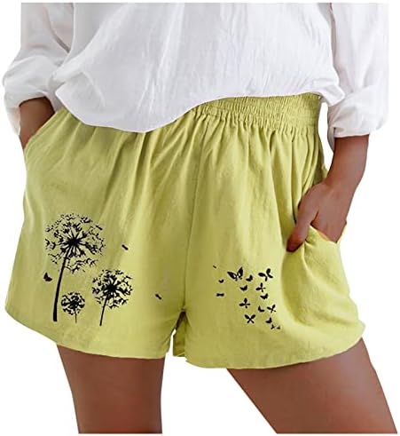 Памучни постелнина шорцеви за жени еластични високи глуварче од глуварче од бенделион Бермуда шорцеви удобни летни панталони