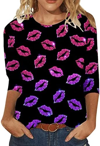 Iius Valentines Day Долг ракав маички со женски усни печати o вратот џемпер лабава маички врвови на пулвер празник трендовски