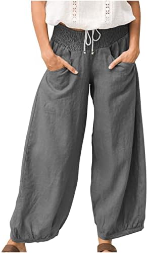 Џемпер за жени мода со цврста боја памучна постелнина, чаша, плус големина лабава обична широка панталони за нозе каприс панталони