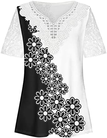 Mrgiinri женски врвови 2023 фустани случајни кратки ракави против маици со вратот, симпатична цветна печатена чипка лабава вклопена летна