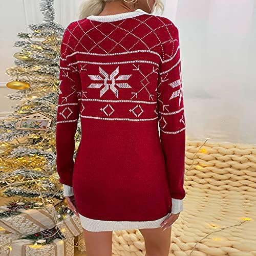 Трикотажа за женски џемпер фустан Божиќ печатено класичен долг ракав преголем вафли плетен пулвер туничен врвови