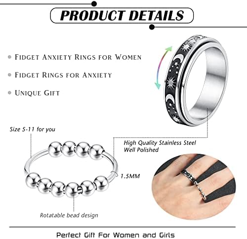 Thunaraz Титаниум прстен за вознемиреност од не'рѓосувачки челик за жени мажи Спинер прстени со прстени со прстен од 6-8 мм широк стрес