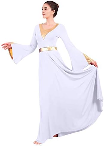 Womenените метални блок во боја литургиски пофалби лирски танц фустан bellвонче за долги ракави црковни танцувачки облеки за богослужба костум