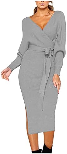 Women'sенски Јасмин Риб миди џемпер резервоар фустан женски фустан длабок в-врат со долг ракав половината вратоврска руфла мини замав