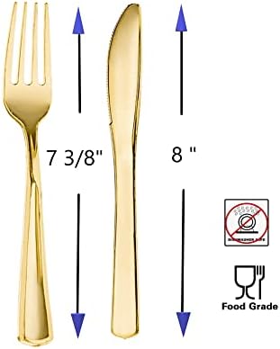ОН+ Того 16 Златен пластичен прибор за јадење - прибор за Јадење за Еднократна Употреба | 8 пластични вилушки, 8 пластични Ножеви | Тежок прибор За јадење за украсување