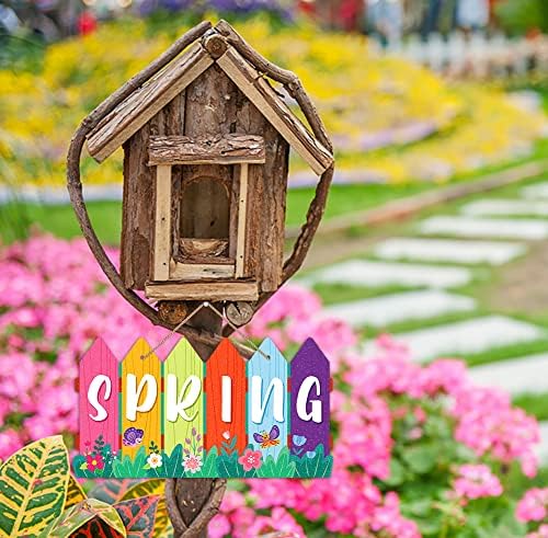 Flyab Здраво пролетен венец знак за влезна врата шарени огради цвеќиња пролетна врата виси знак добредојде на пролетни украси на