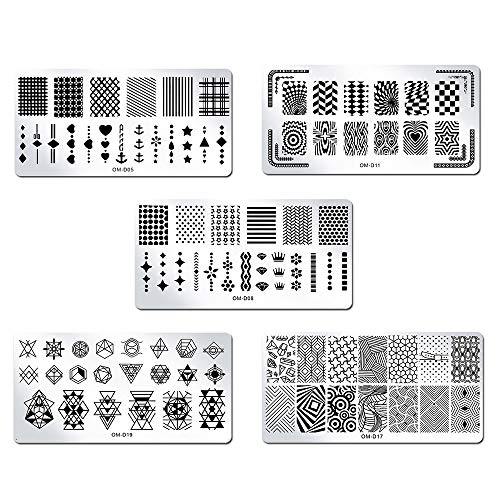 Вукото 5 парчиња за нокти за печатење на плочи со класични геометриски starsвезди нокти плоча за печатење на нокти комплет за жени